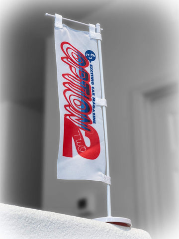 option option2 magazine branded logo mini miniature small nobori flag with pole stand